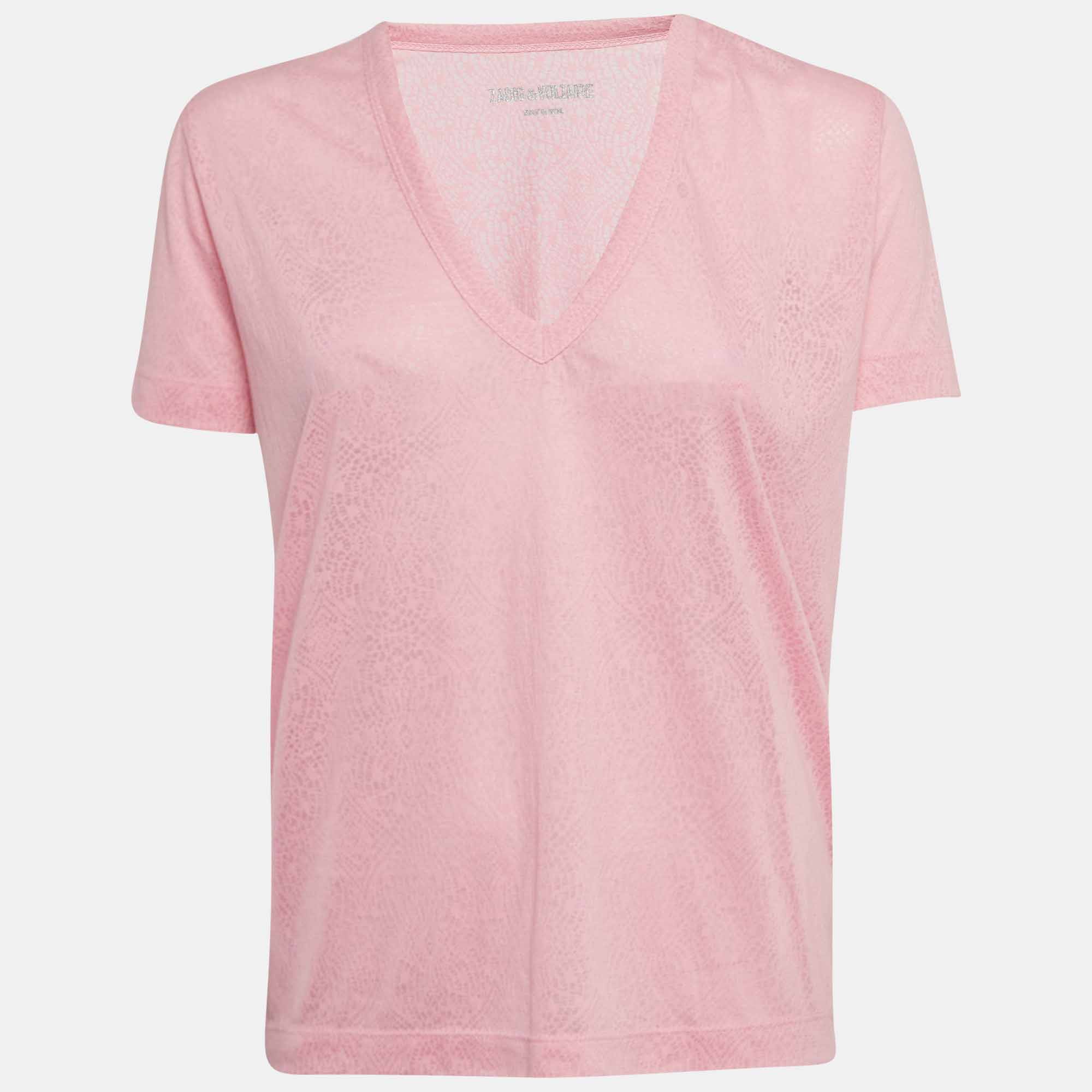 Pre-owned Zadig & Voltaire Pink Wassa Burn Knit V-neck T-shirt M