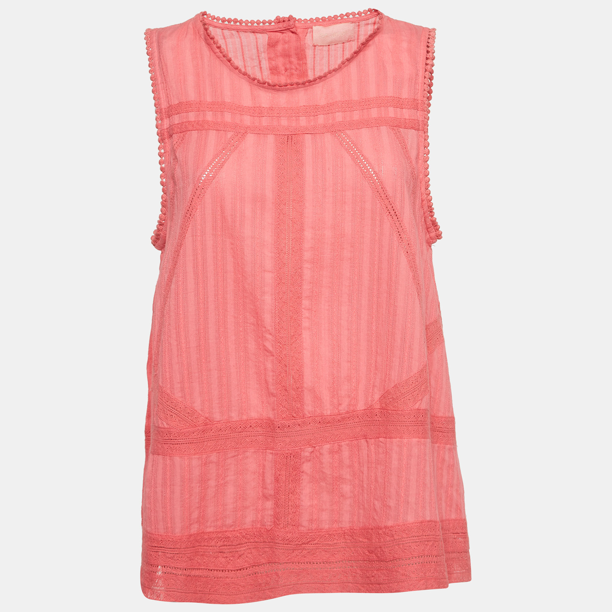 Pre-owned Zadig & Voltaire Pink Lace Trim Cotton Sleeveless Blouse L