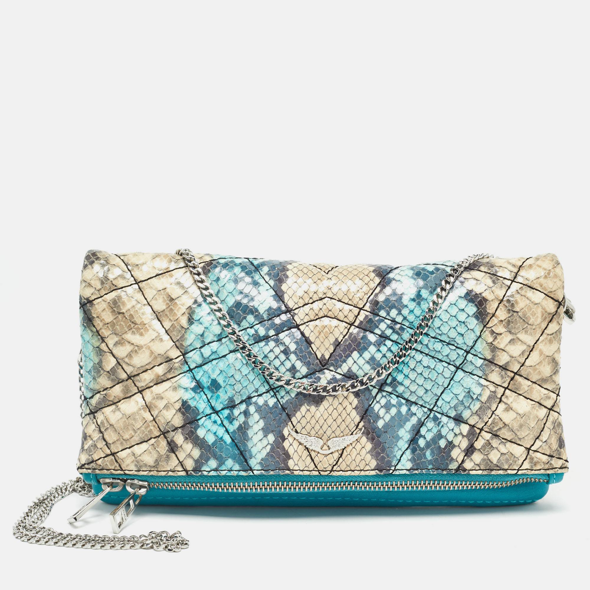 

Zadig & Voltaire Multicolor Python Embossed Leather Rock Foldover Chain Clutch
