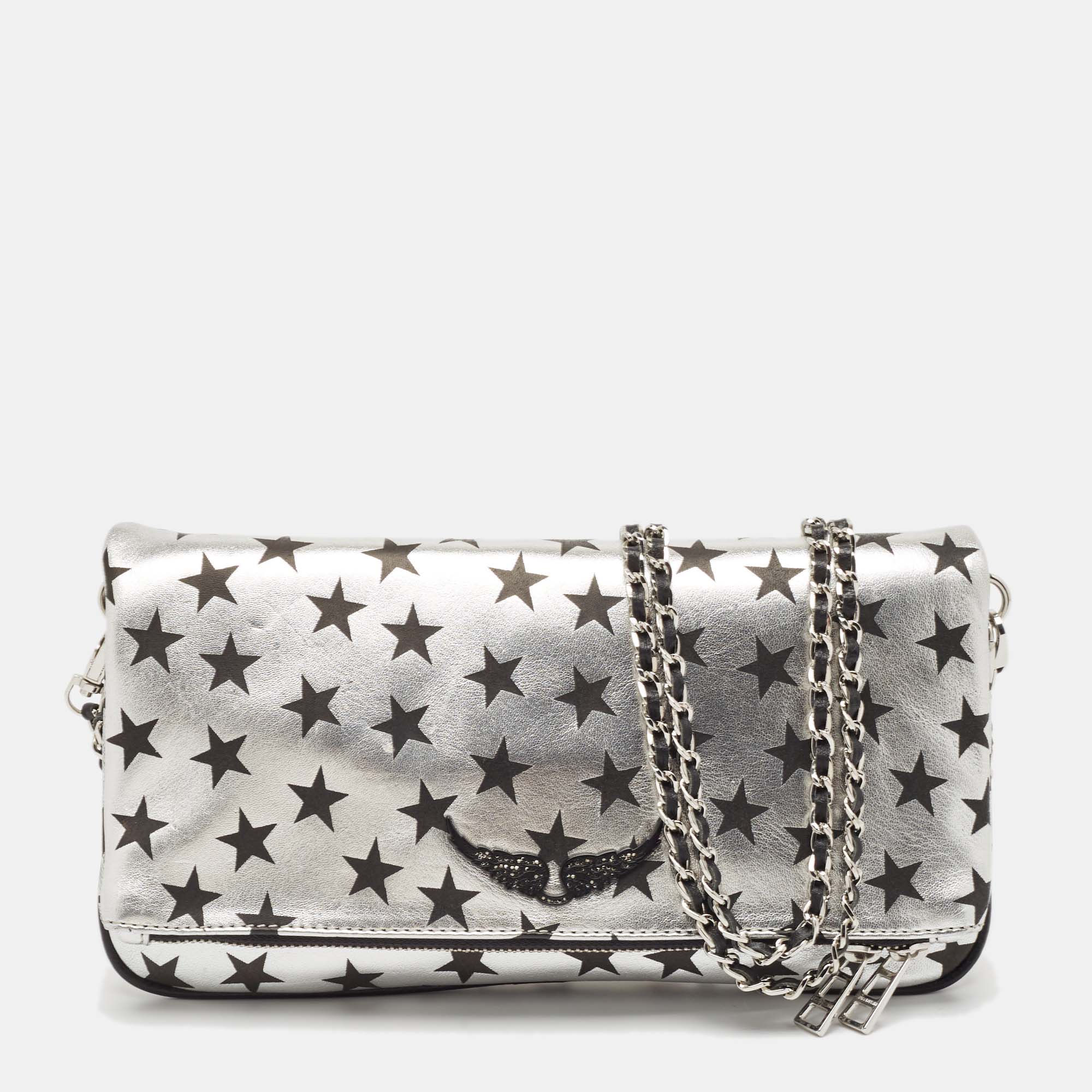 

Zadig & Voltaire Silver/Black Leather Circus Star Rock Foldover Clutch Bag