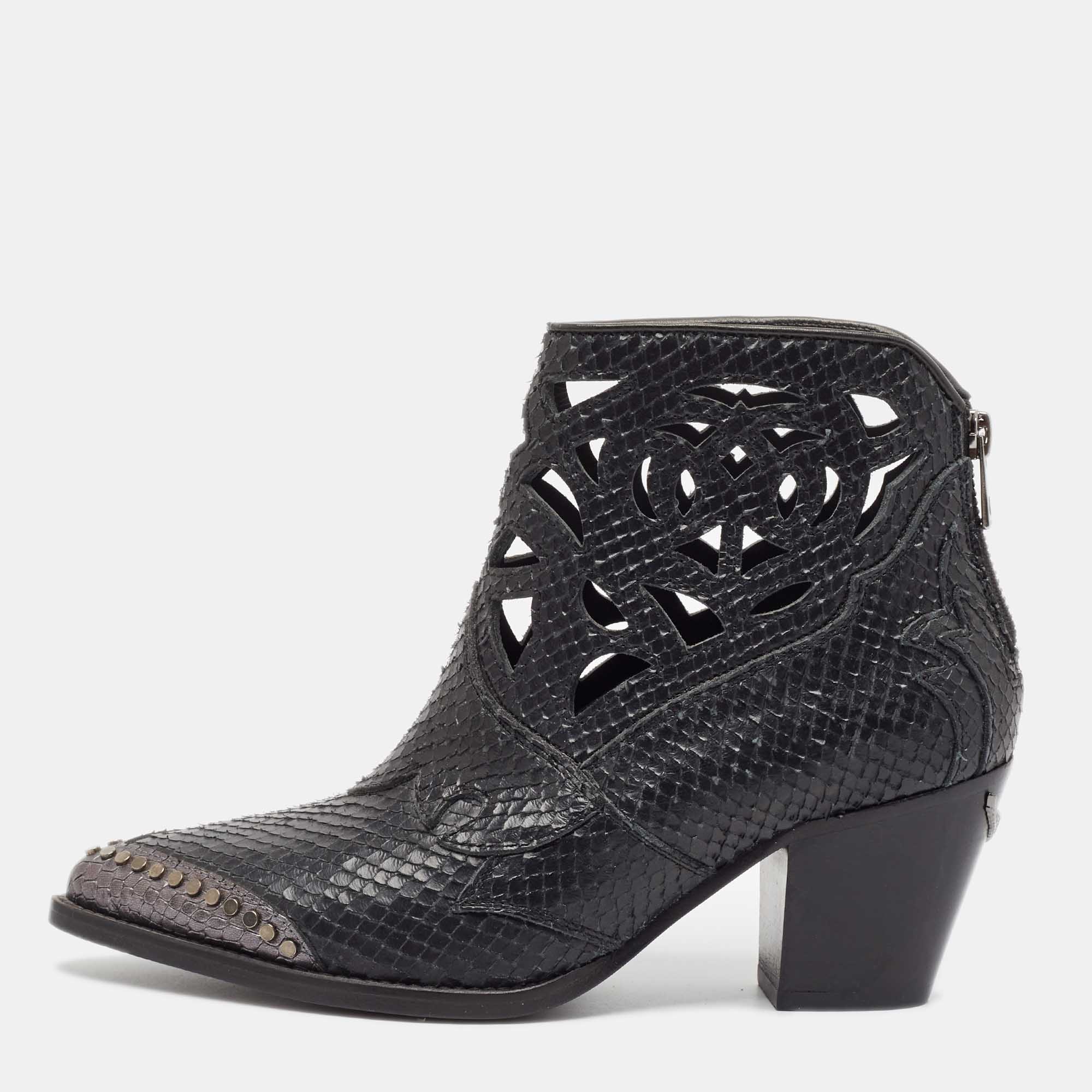 

Zadig & Voltaire Black Embossed Snakeskin Cara Cut Ankle Boots Size