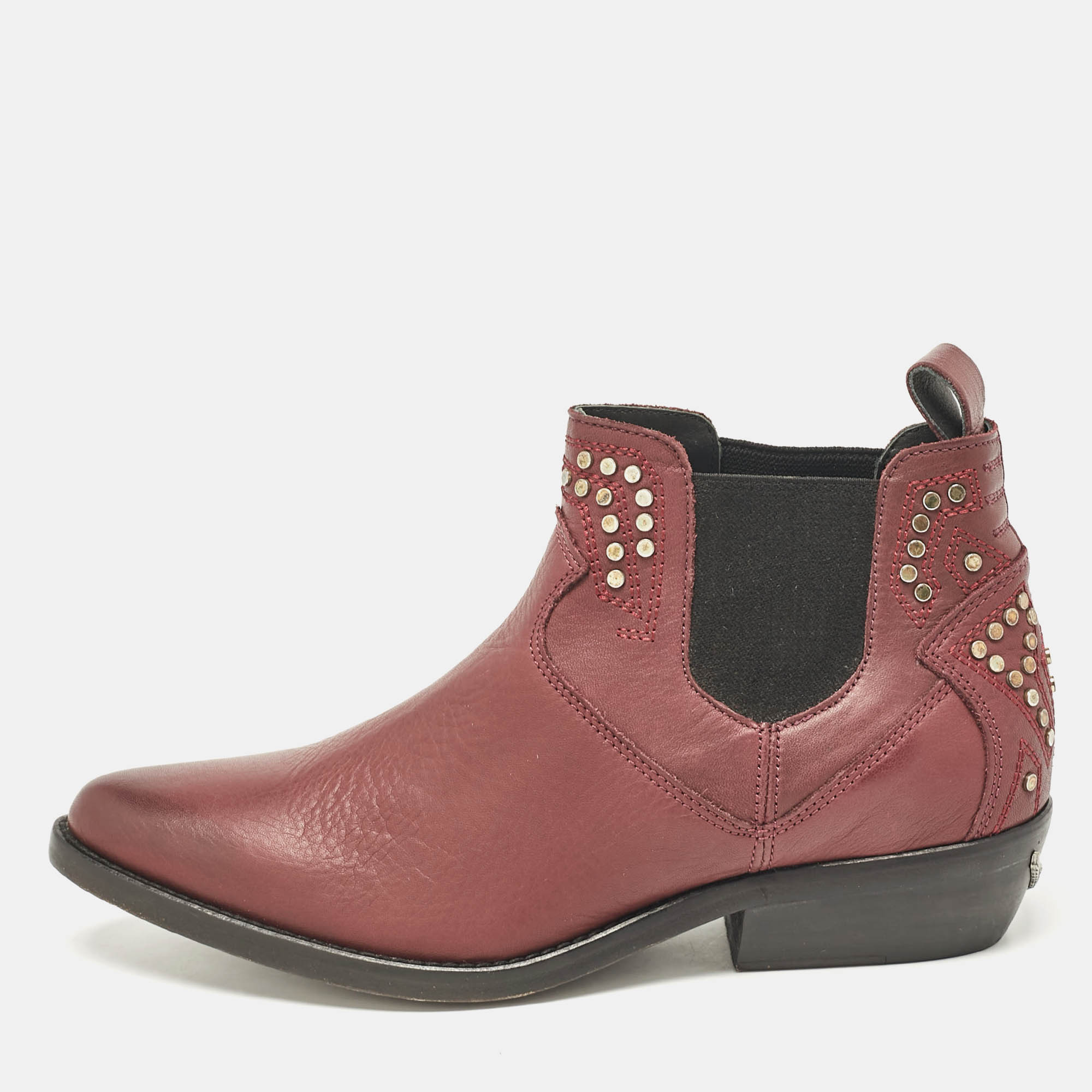 

Zadig & Voltaire Burgundy Leather Studded Ankle Boots Size