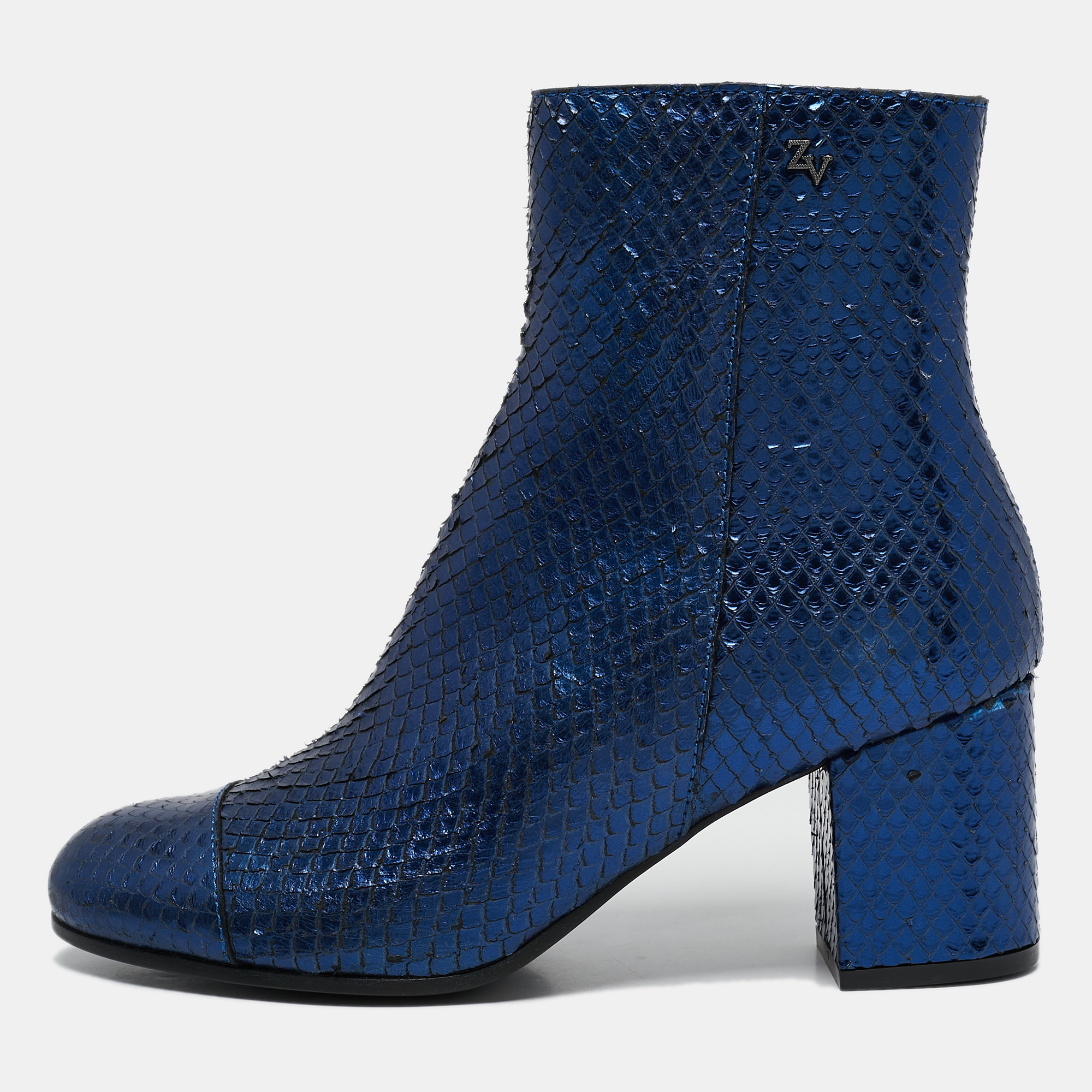 

Zadig & Voltaire Blue Python Embossed Leather Block Heel Ankle Boots Size