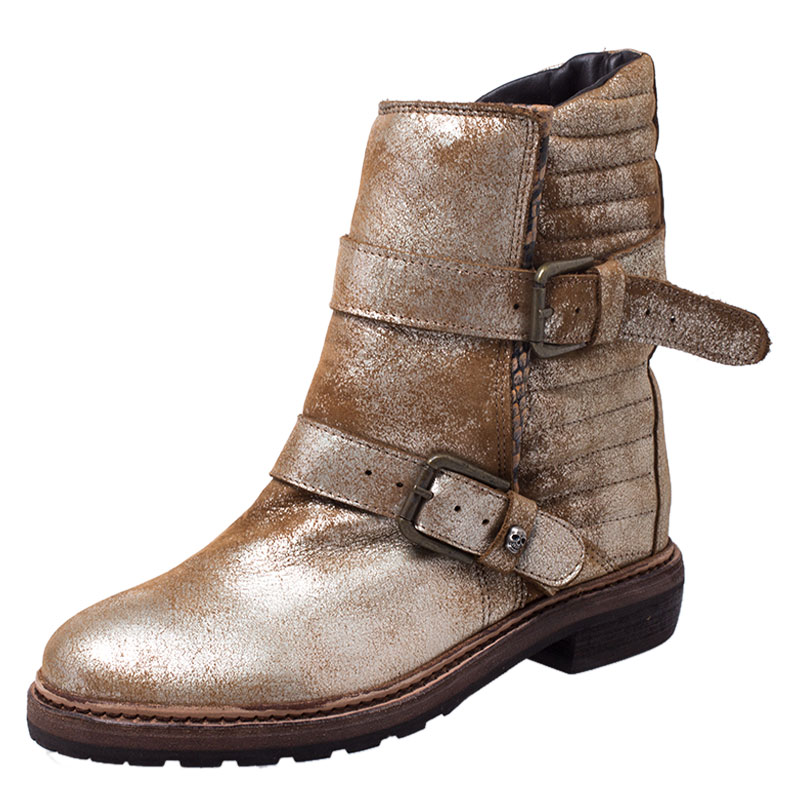 Zadig and Voltaire Gold/Bronze Metallic Faded Effect Leather and Python Embossed Buckle Ankle Boots Size 38