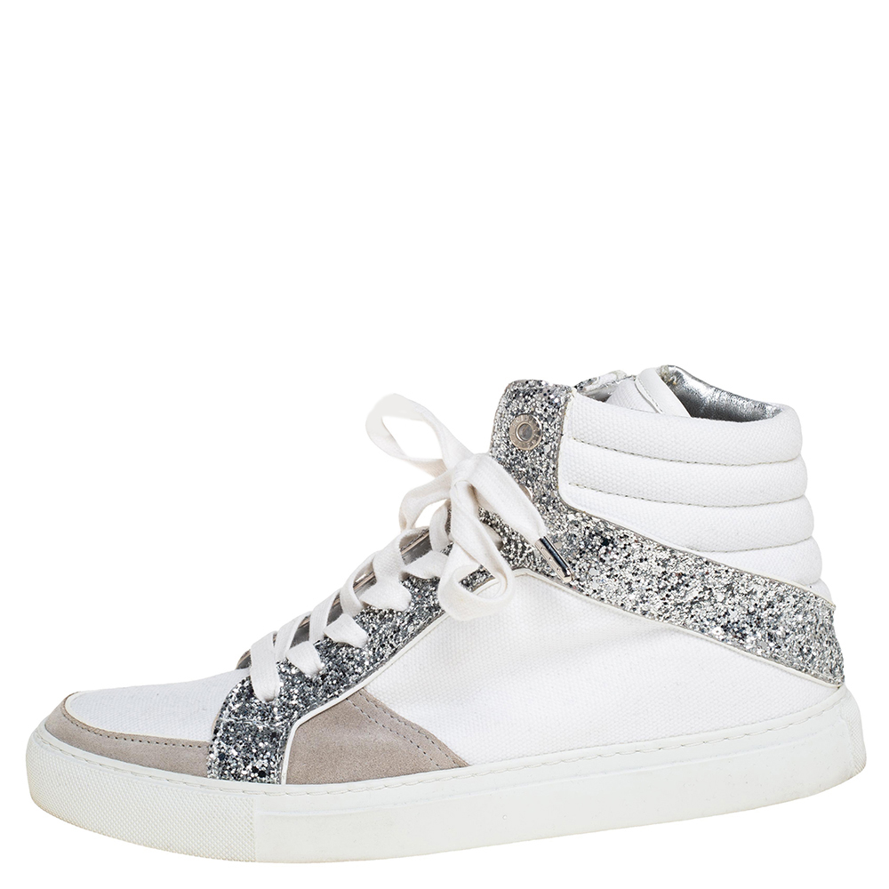 

Zadig and Voltaire White/Grey Canvas and Suede Glitter High Top Sneakers Size
