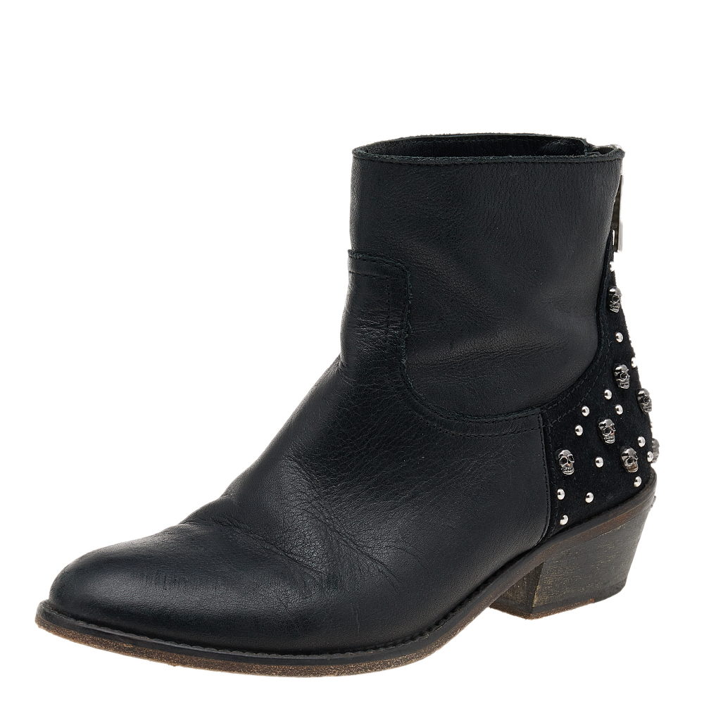 

Zadig And Voltaire Black Leather Embellished Ankle Boots Size