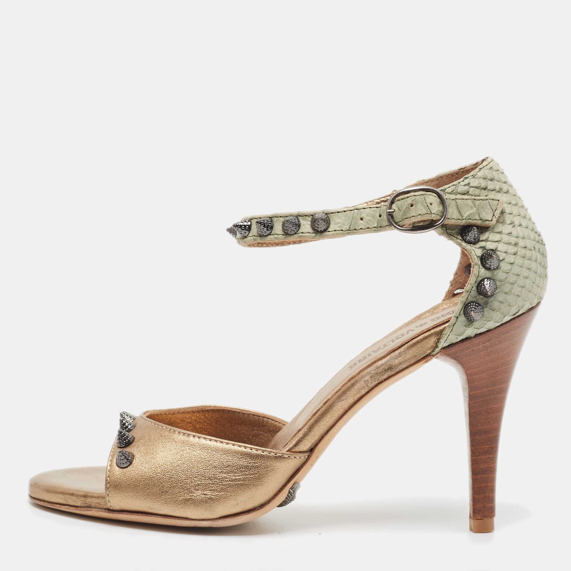 Pre-owned Zadig & Voltaire Two Tone Leather And Embossed Python Studded Ankle Strap Sandals Size 35 In Metallic