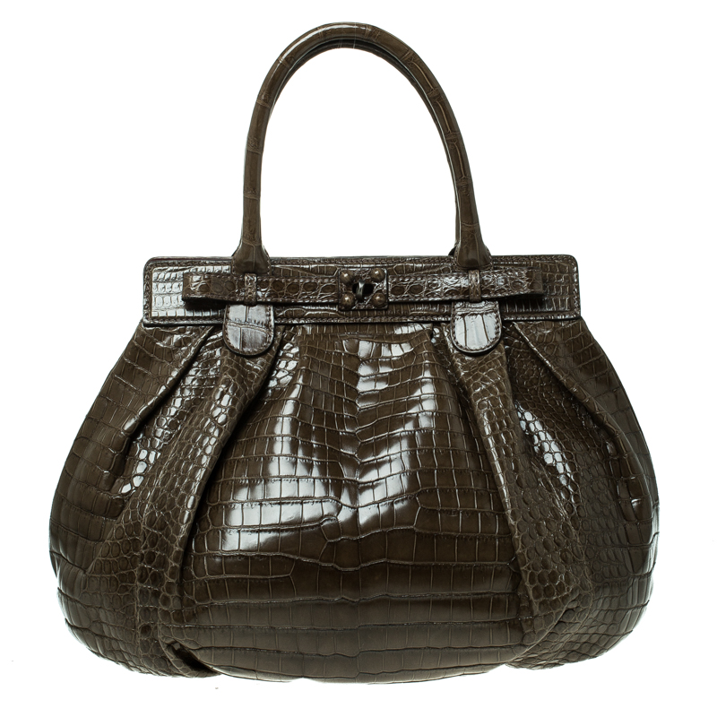 Zagliani Olive Green Crocodile Leather Puffy Hobo