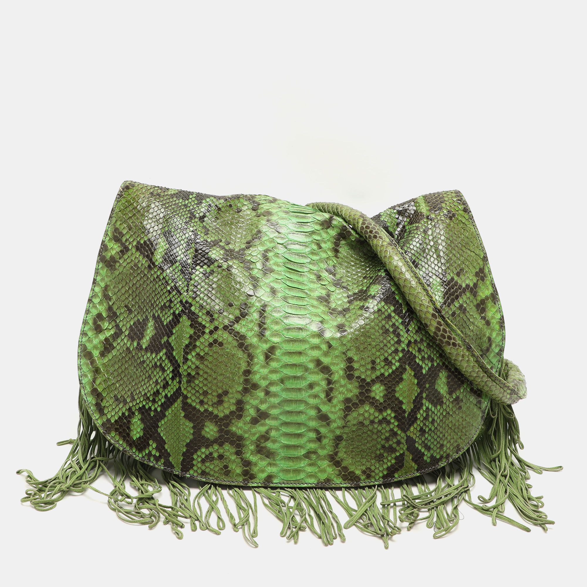 

Zagliani Green Python Fringe Details Flap Shoulder Bag