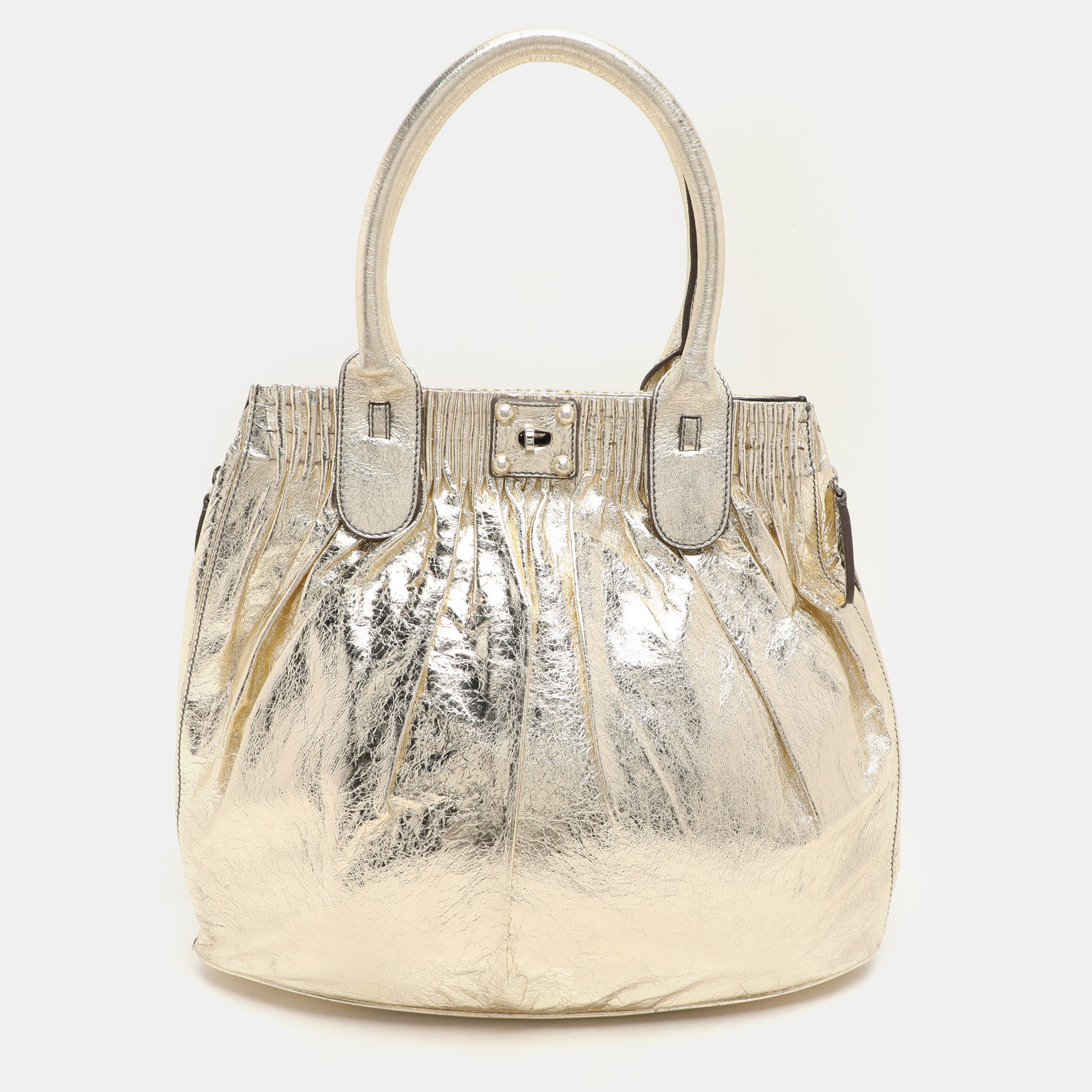 

Zagliani Gold Crinkled Leather Side Zip Detail Tote