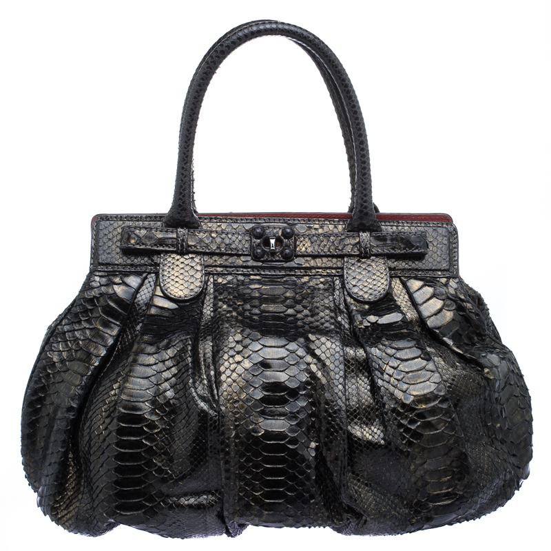 Zagliani Metallic Black/Gold Python Puffy Hobo