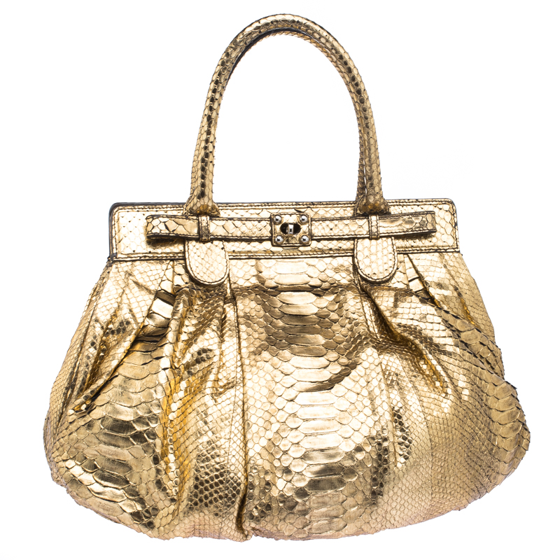 Zagliani Metallic Gold Python Puffy Hobo