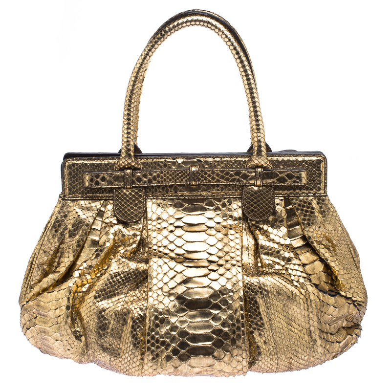Zagliani Metallic Gold Python Puffy Hobo