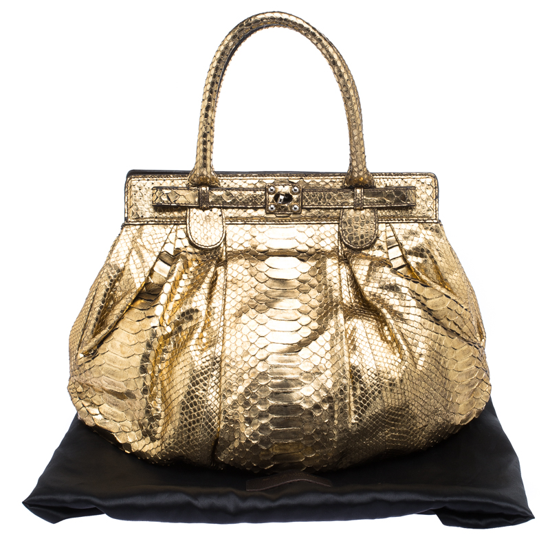 Zagliani Metallic Gold Python Puffy Hobo
