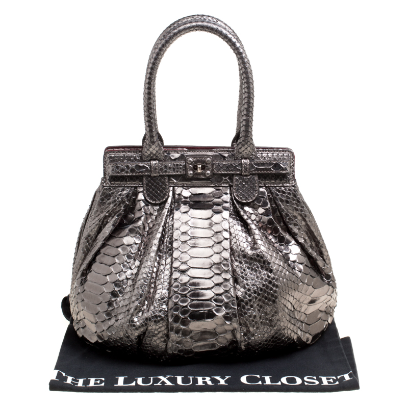 Zagliani Gun Metal Python Small Puffy Bag In Metallic