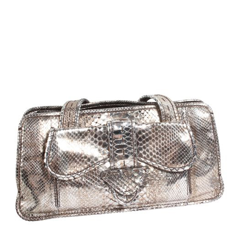 

Zagliani Silver Python Leather Baguette Bag