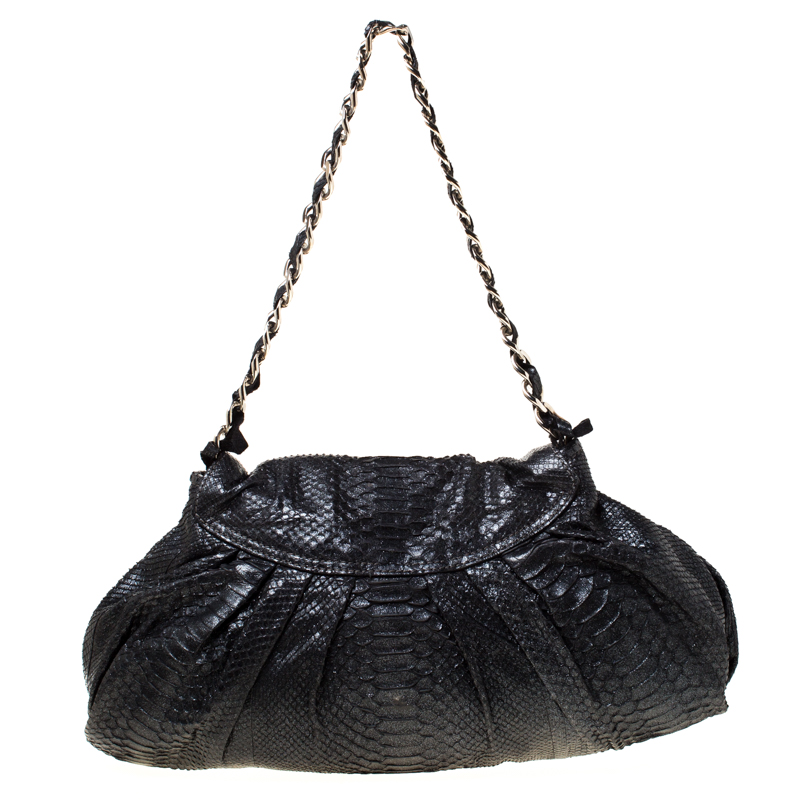 Zagliani Black Metallic Python Leather Shoulder Bag
