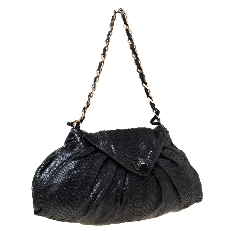 Zagliani Black Metallic Python Leather Shoulder Bag