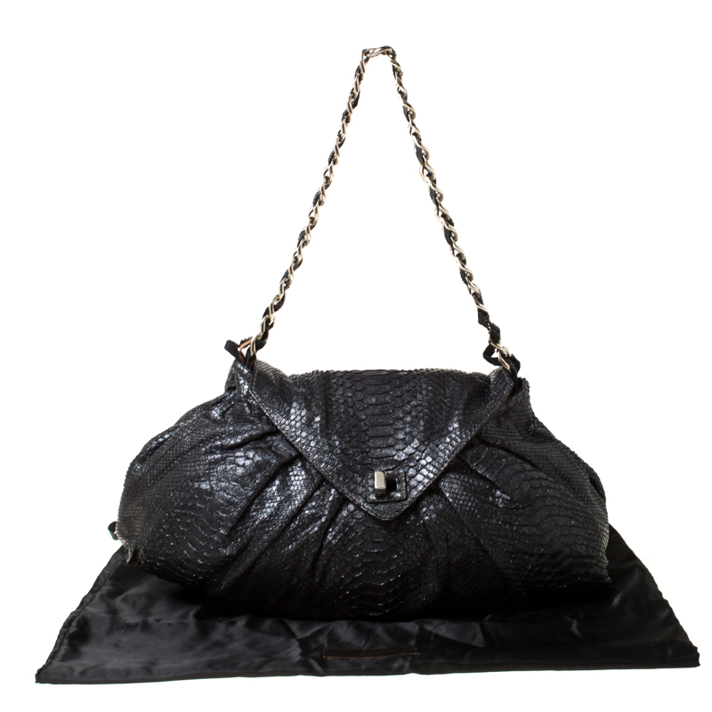 Zagliani Black Metallic Python Leather Shoulder Bag