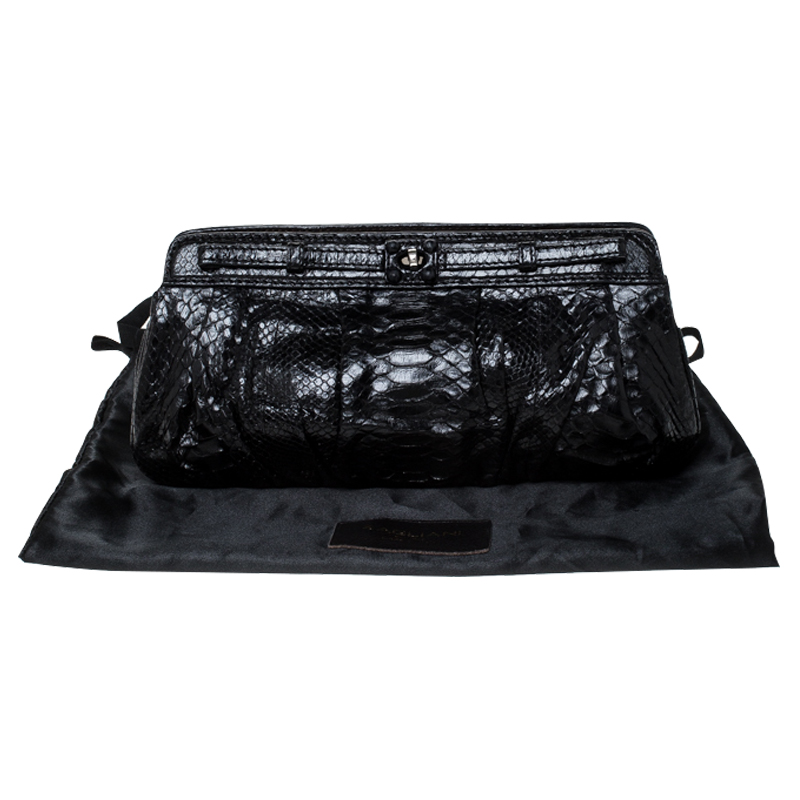 Zagliani Black Python Leather Clutch
