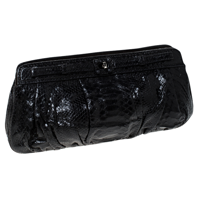 Zagliani Black Python Leather Clutch