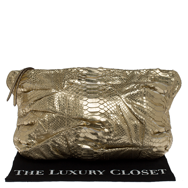 Zagliani Gold Metallic Python Top Zip Clutch
