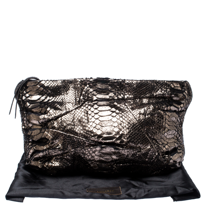 Zagliani Metallic Silver Python Leather Oversized Clutch