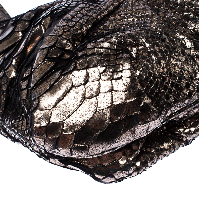 Zagliani Metallic Silver Python Leather Oversized Clutch