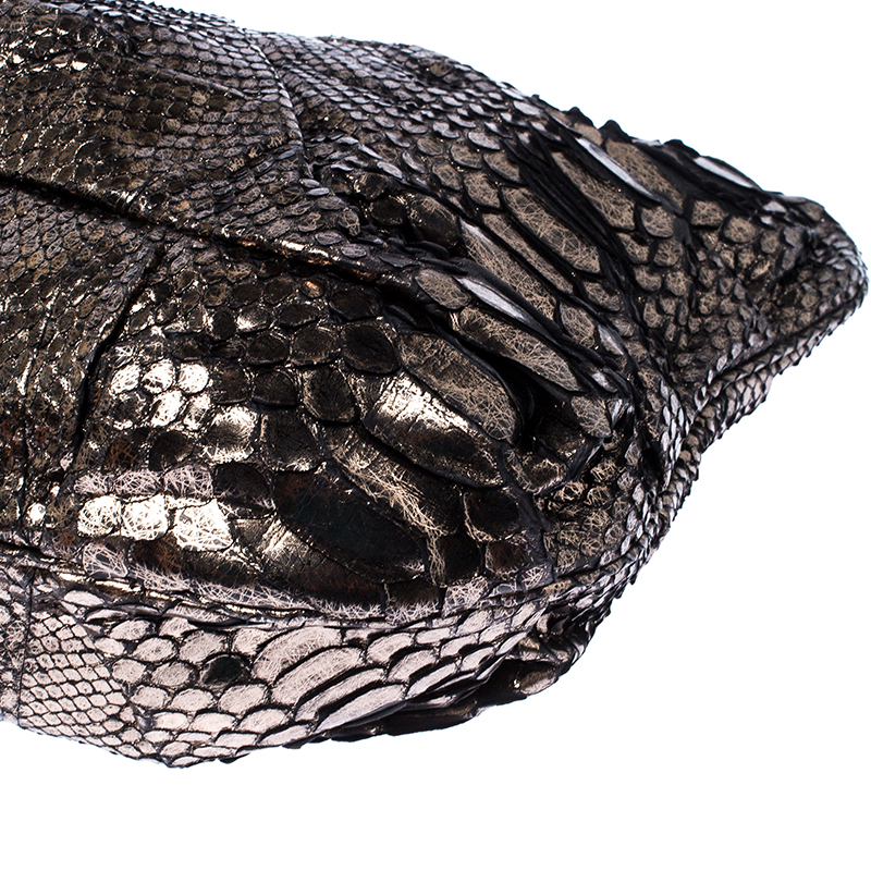 Zagliani Metallic Silver Python Leather Oversized Clutch