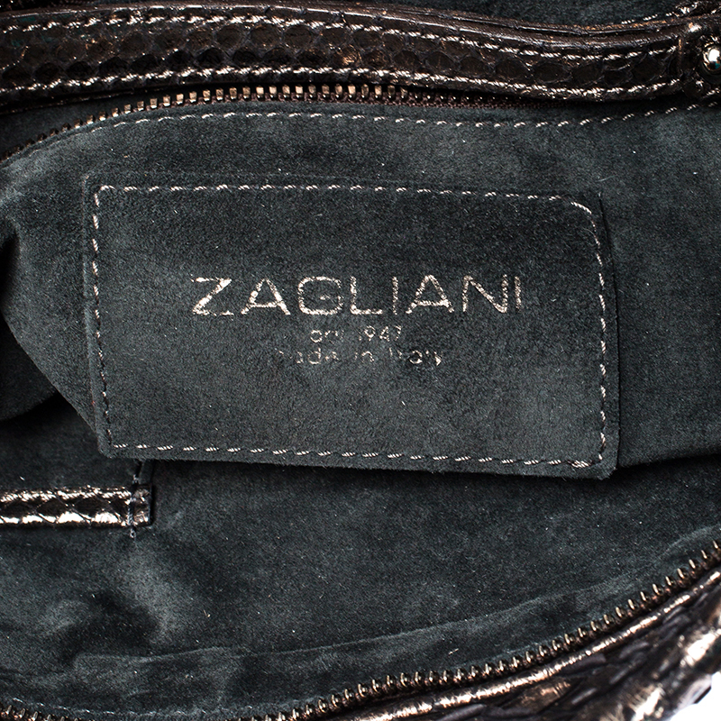 Zagliani Metallic Silver Python Leather Oversized Clutch