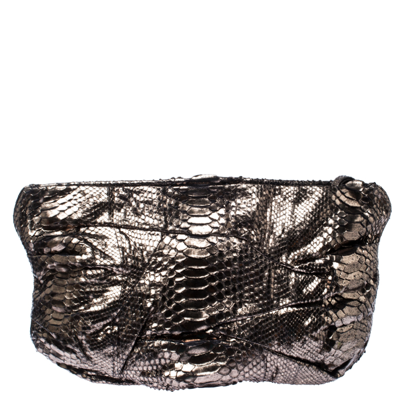 Zagliani Metallic Silver Python Leather Oversized Clutch