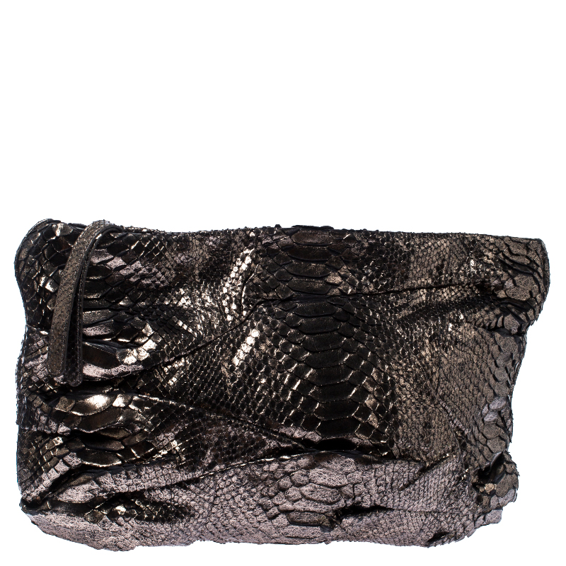 Zagliani Metallic Silver Python Leather Oversized Clutch