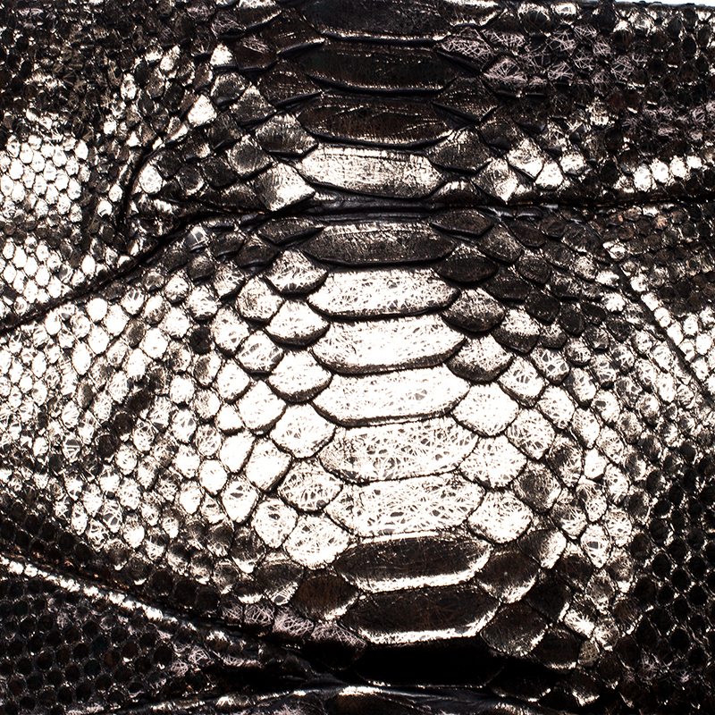 Zagliani Metallic Silver Python Leather Oversized Clutch