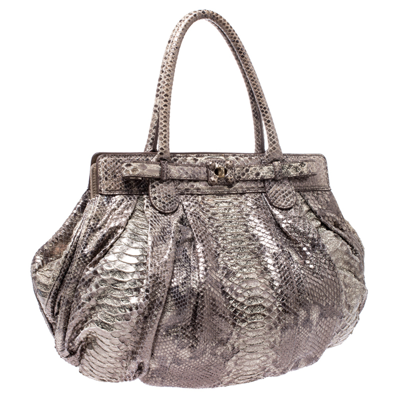 Zagliani Cream/black Metallic Python Puffy Hobo