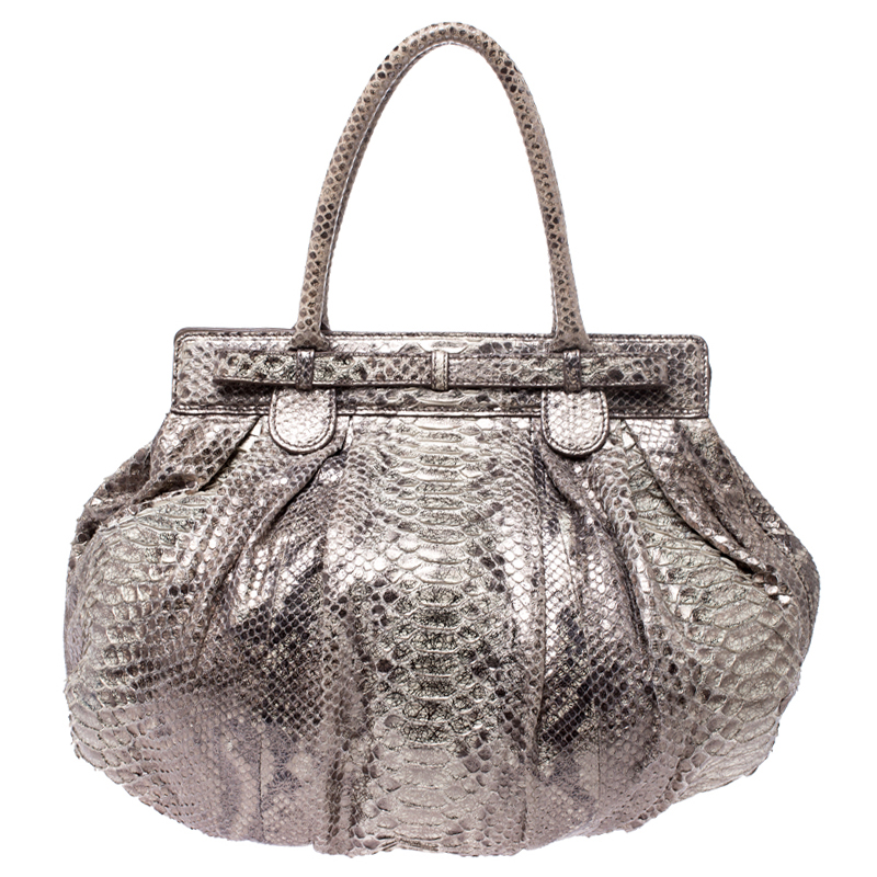 Zagliani Cream/black Metallic Python Puffy Hobo
