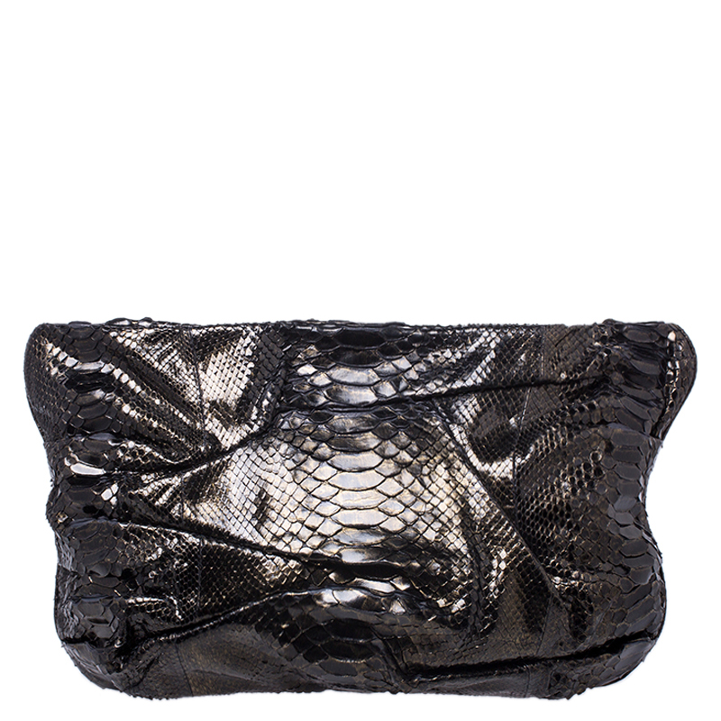Zagliani Metallic Python Leather Oversized Clutch 