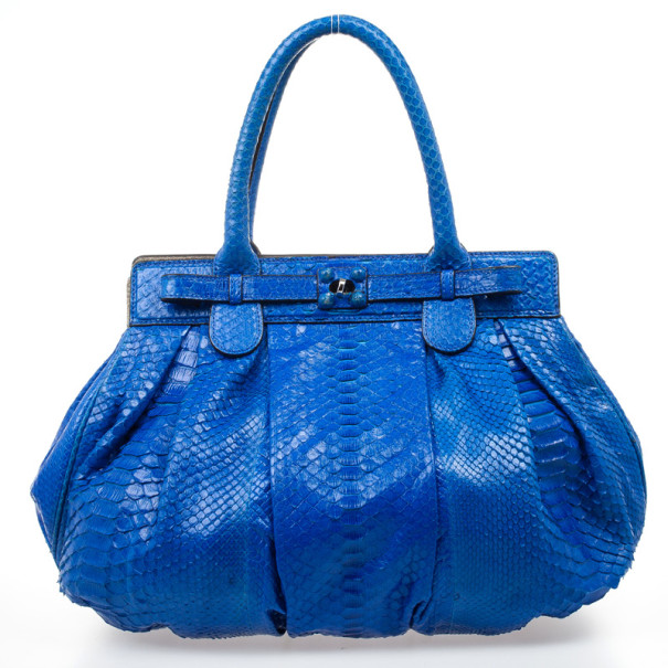 Zagliani Metallic Python Large Blue Puffy Handbag