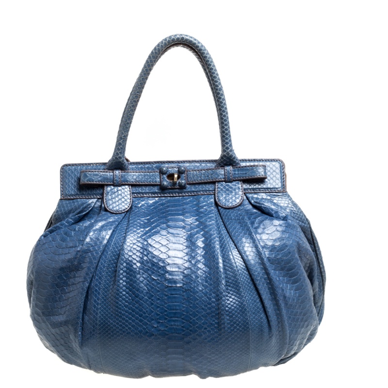 Click to view more detailed imagery on our partner's website Pre-owned Zagliani Blue Python Puffy Hobo