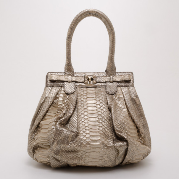 Zagliani Beige Metallic Python Medium Puffy Bag