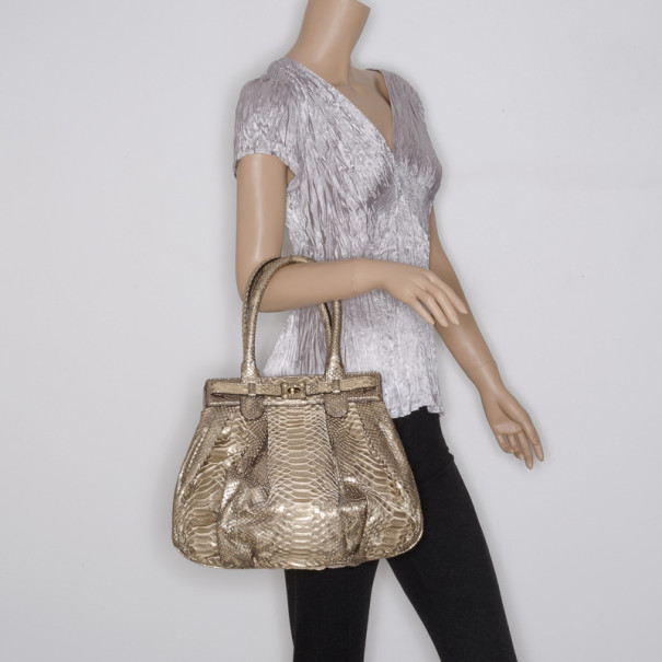 Pre Owned Zagliani Beige Metallic Python Medium Puffy Bag