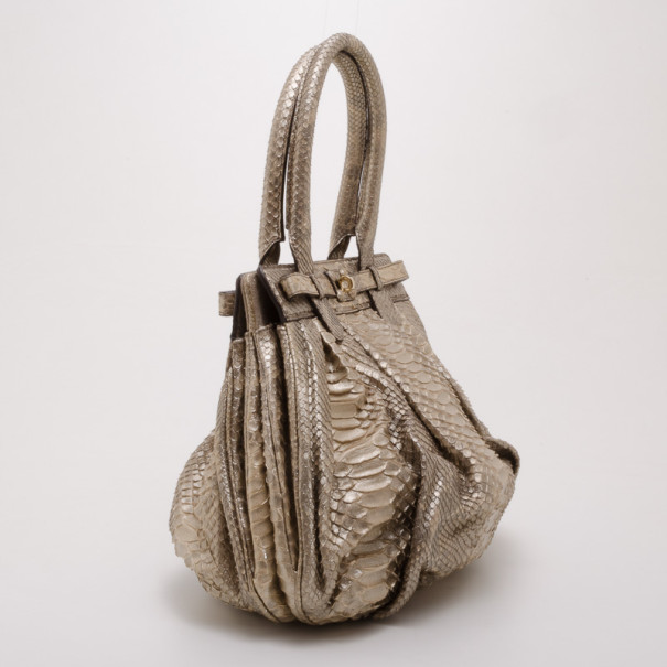 Pre Owned Zagliani Beige Metallic Python Medium Puffy Bag