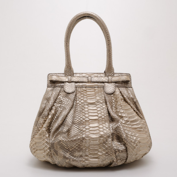 Pre Owned Zagliani Beige Metallic Python Medium Puffy Bag