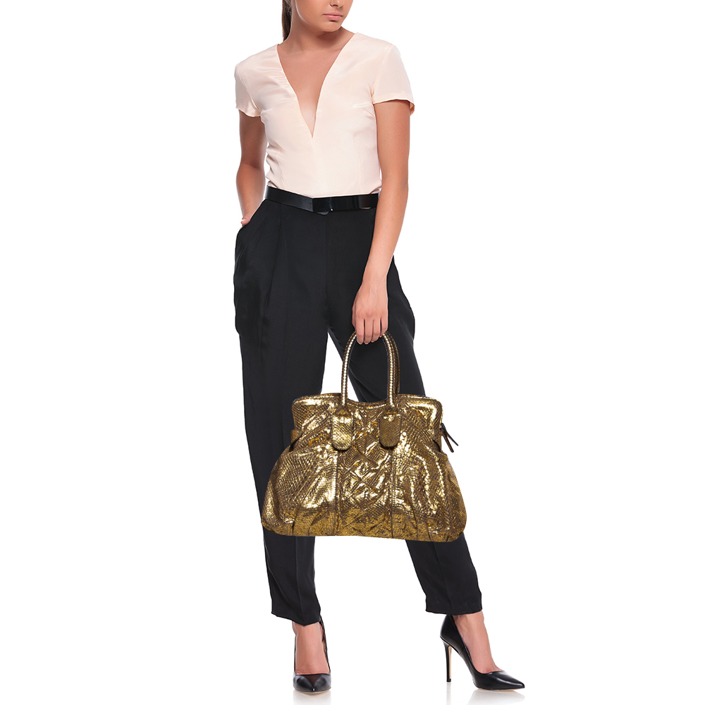 

Zagliani Metallic Gold Python Top Zip Tote
