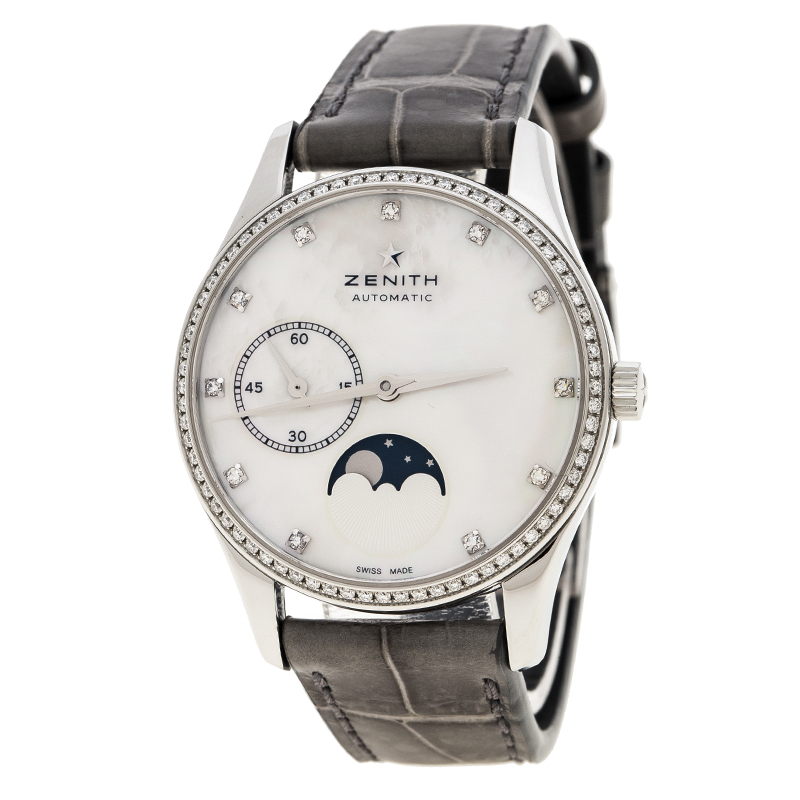 Zenith White Mother of Pearl Stainless Steel Elite Ultra Thin Women's Wristwatch 33 mm