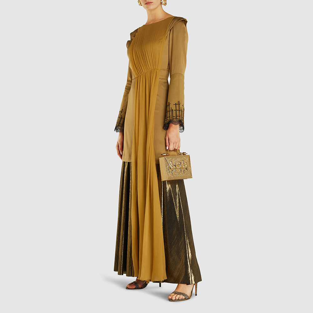 

Zeus+Dione Gold Caryatid Draped Satin and Lame Gown Size FR 36