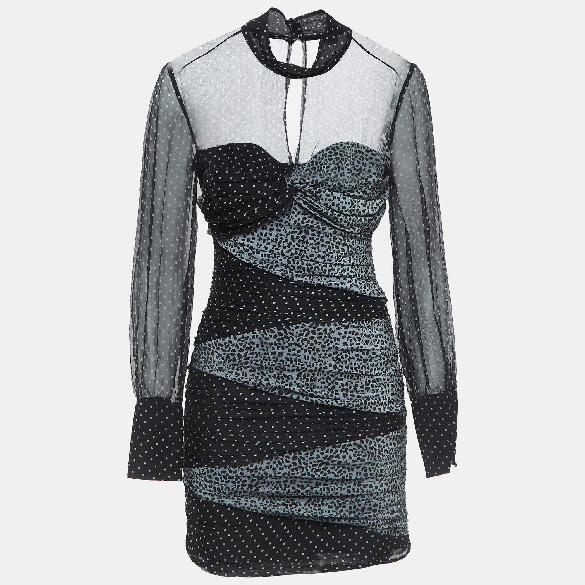 Pre-owned Zeynep Arcay Black Printed Chiffon Ruched Mini Dress S
