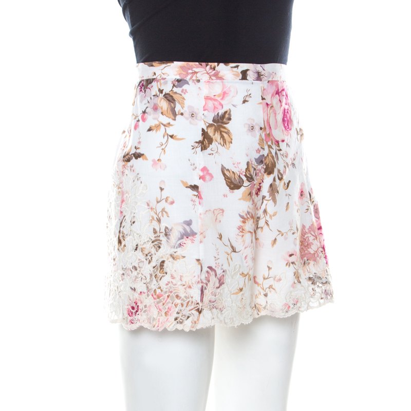 

Zimmermann White Floral Print Voile Embroidery Detail Eden Shorts