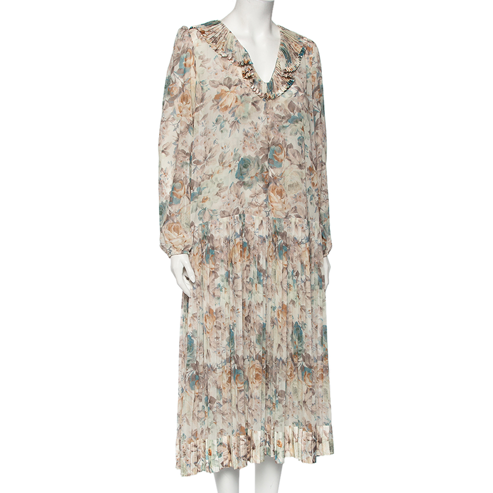 

Zimmermann Beige Floral Printed Chiffon Pleated Maxi Dress