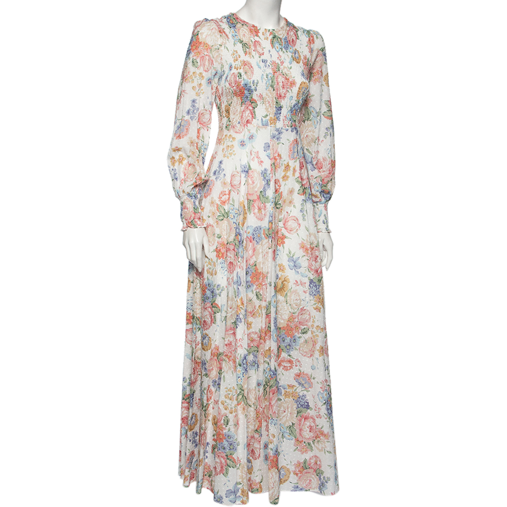 

Zimmermann White Floral Printed Cotton Smocked Bowie Shirred Maxi Dress