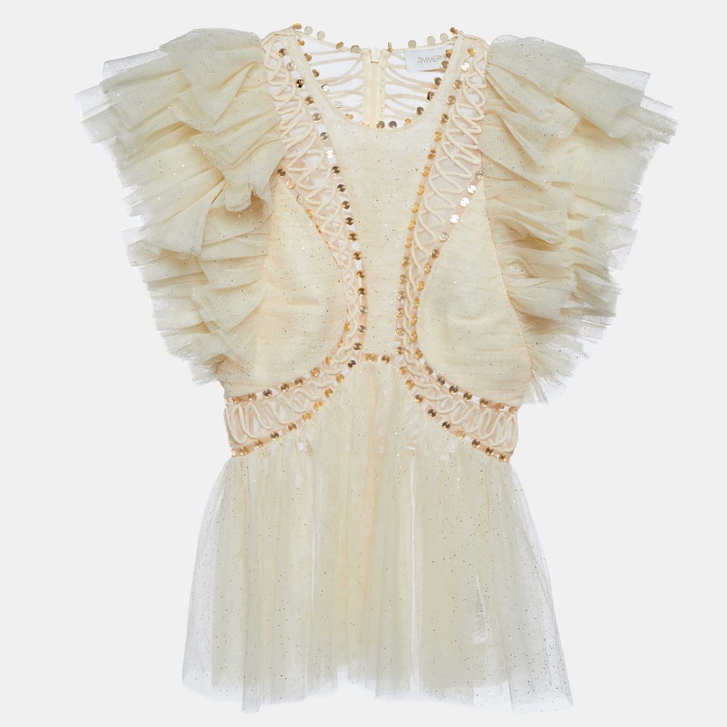 Pre-owned Zimmermann Cream Embellished Glitter Tulle Dancer Ruffled Top Xs